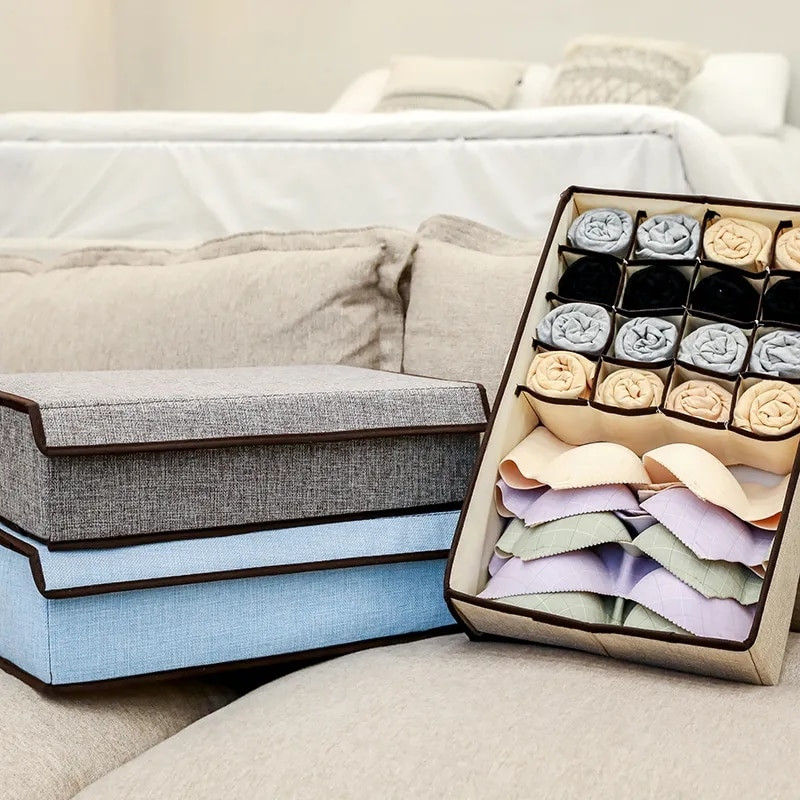 Egyszínű fehérnemű tároló doboz Melltartó Bugyi Zokni Porálló Befejező Doboz Rekeszes Összecsukható Mosható Ágyneműtartó Doboz