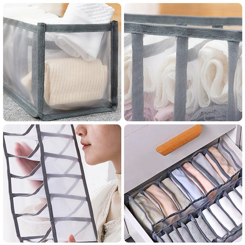 Cutie de depozitare pentru lenjerie de corp pliabilă cu 7 compartimente gri, sertar din nailon, organizator pentru sutien pentru dormitor, geantă din plasă respirabilă