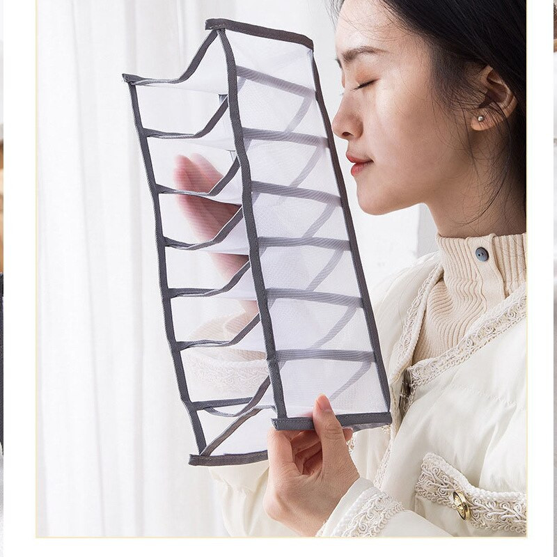 Cutie de depozitare pentru lenjerie de corp pliabilă cu 7 compartimente gri, sertar din nailon, organizator pentru sutien pentru dormitor, geantă din plasă respirabilă