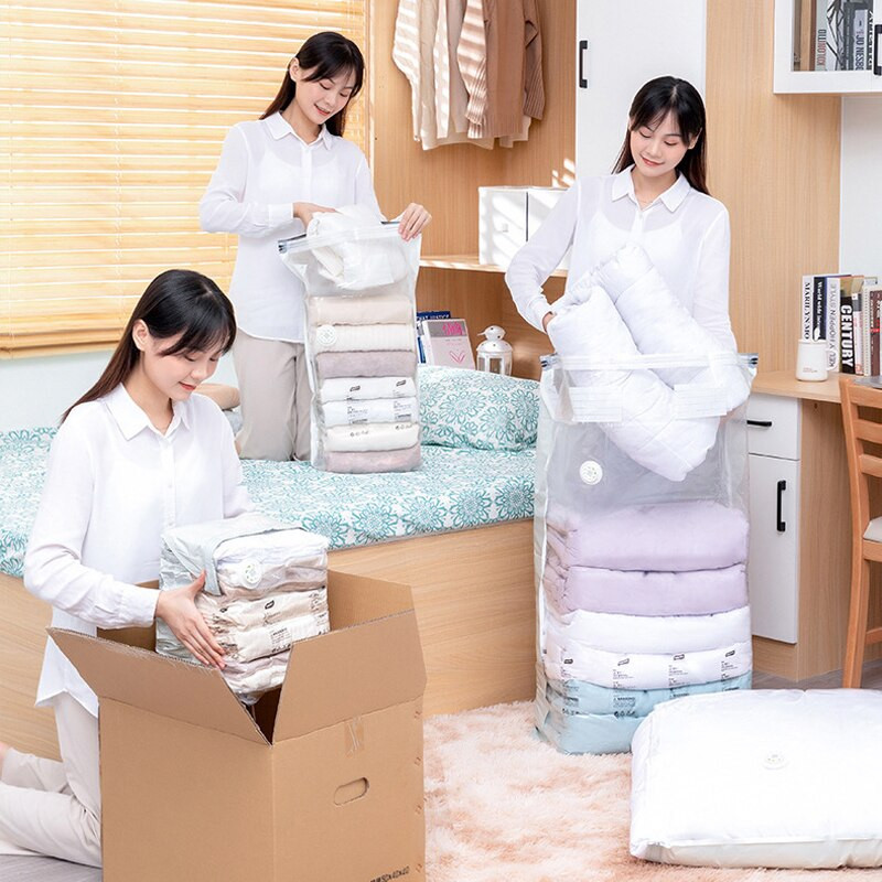 Ruhatároló Vákuumos táska szeleppel Nincs szükség szivattyúra Átlátszó összecsukható, összenyomott rendező Utazási nagy vákuumzsákok Pecsét csomag