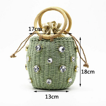 Μικρό κορδόνι ψάθινο τσαντάκι χειροποίητο πλεκτό κουβά τσάντα με στρας ντεκόρ Καλοκαιρινό τσαντάκι καρπού παραλίας