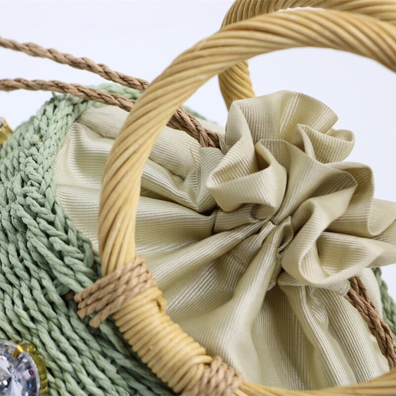 Mažas raištelis šiaudinis krepšys Rankų darbo mezgimo kibiras rankinė su kalnų krištolo dekoru Vasaros paplūdimio riešinės piniginės organizatorius