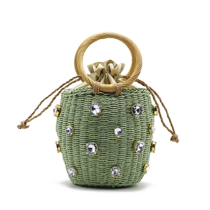 Mažas raištelis šiaudinis krepšys Rankų darbo mezgimo kibiras rankinė su kalnų krištolo dekoru Vasaros paplūdimio riešinės piniginės organizatorius