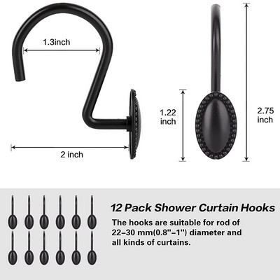 12 vnt dušo užuolaidų kabliukai Dekoratyviniai rūdims atsparūs metaliniai dušo kabliukai, skirti vonios kambario Glide dušo žiedams