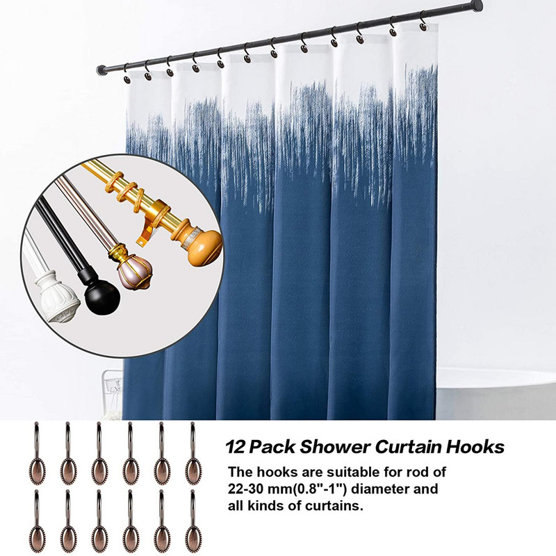 12 vnt dušo užuolaidų kabliukai Dekoratyviniai rūdims atsparūs metaliniai dušo kabliukai, skirti vonios kambario Glide dušo žiedams