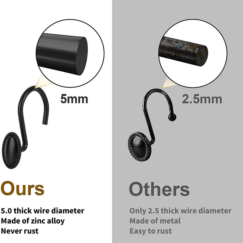 12 vnt dušo užuolaidų kabliukai Dekoratyviniai rūdims atsparūs metaliniai dušo kabliukai, skirti vonios kambario Glide dušo žiedams