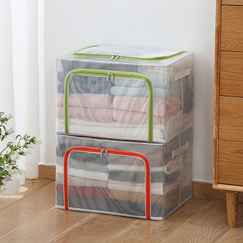 Acélvázas tárolódoboz Többfunkciós gardrób tároló állvány átlátszó vizuális nejlon tárolódoboz Ruhaszervező Háztartási kellékek