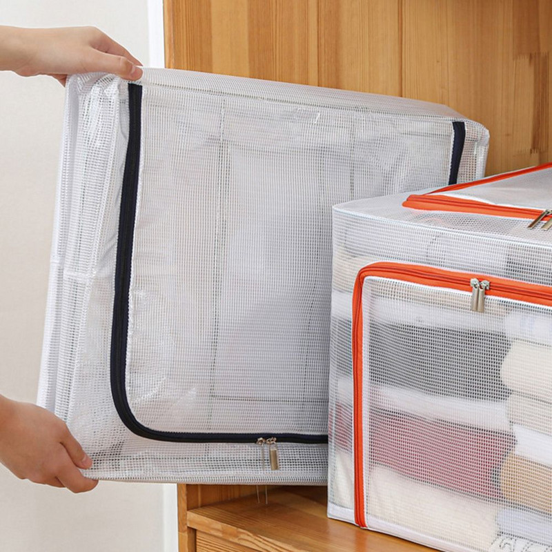 Acélvázas tárolódoboz Többfunkciós gardrób tároló állvány átlátszó vizuális nejlon tárolódoboz Ruhaszervező Háztartási kellékek