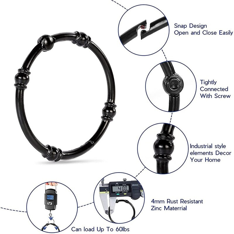 Vonios rūdims atsparūs dušo užuolaidų kabliukai 12 apvalių pramoninių dekoratyvinių dušo užuolaidų žiedų juodi