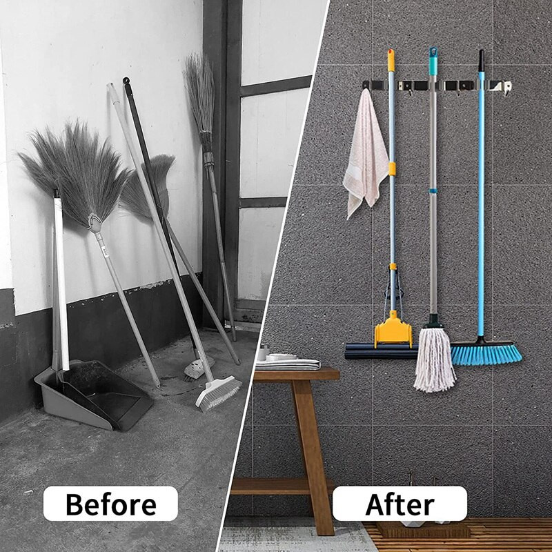 Promovare! Pachet de 2 suporturi pentru mop pentru mătură, montare pe perete, umeraș rezistent, organizator pentru mătură pentru grădină, garaj, spălătorie, baie, bucătărie