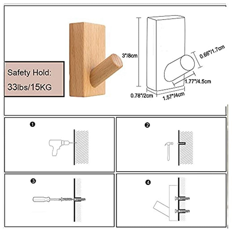 Mediniai sieniniai kabliukai, 3 pakuotės natūralūs mediniai apsiausto kabliukai, tvirtinami prie sienos, mediniai kabliukai, rankdarbių skrybėlių kabykla