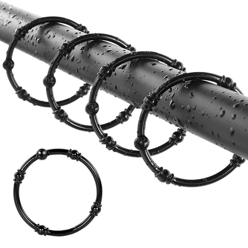 Vonios rūdims atsparūs dušo užuolaidų kabliukai 12 apvalių pramoninių dekoratyvinių dušo užuolaidų žiedų juodi