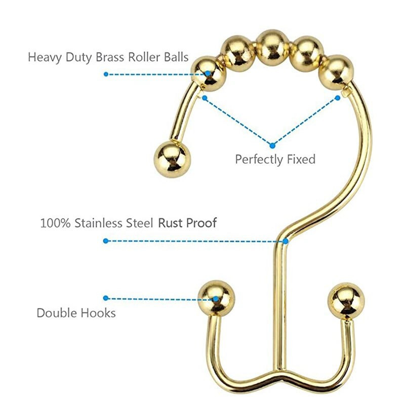 Zuhanyfüggöny horgok, rozsdaálló fém dupla görgős csúszógyűrűk, fürdőszobai gyűrűk, 12 db-os készlet