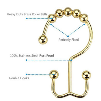Куки за завеси за душ Устойчиви на ръжда метални двойни ролкови плъзгащи се пръстени за баня, комплект от 12