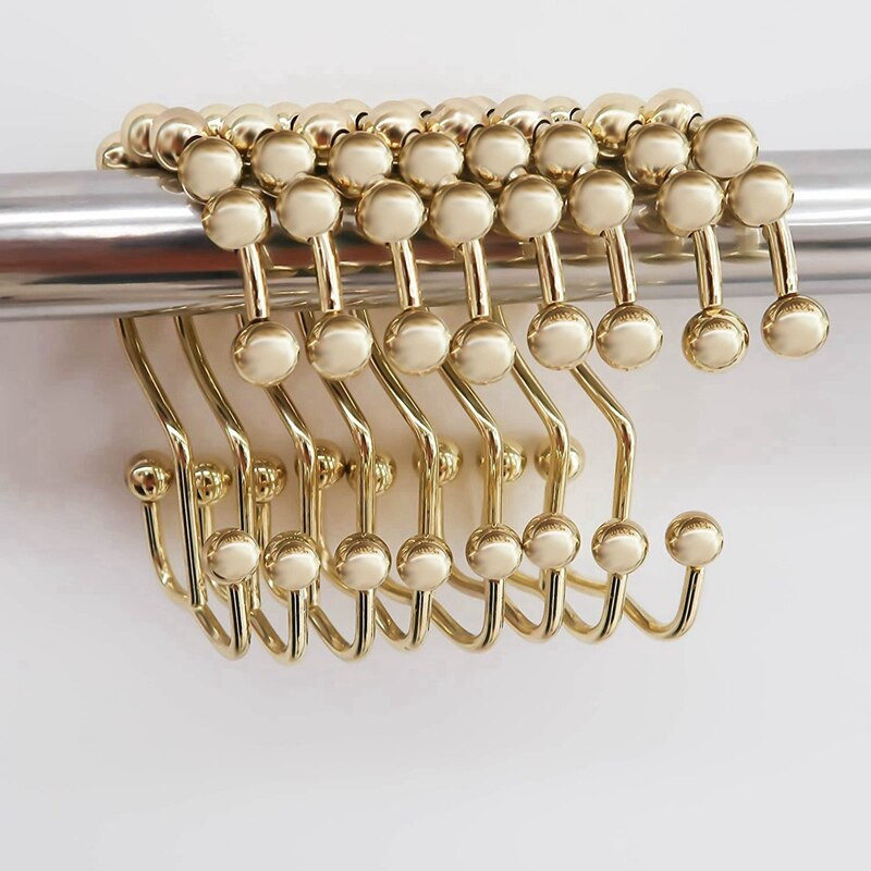 Dušo užuolaidų žiedų kabliukų rinkinys iš 24, nerūdijančio plieno rūdims atsparus dvigubas slydimo volelis su aštuonių vonios kambario užuolaidų kabliuku auksinis