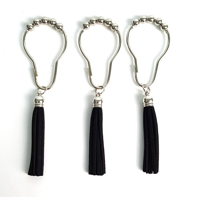 Ukrasne kukice za zavjese za tuširanje Prsten od nehrđajućeg čelika otporan na hrđu s kićankama za tuš šipku za kupaonicu - crna