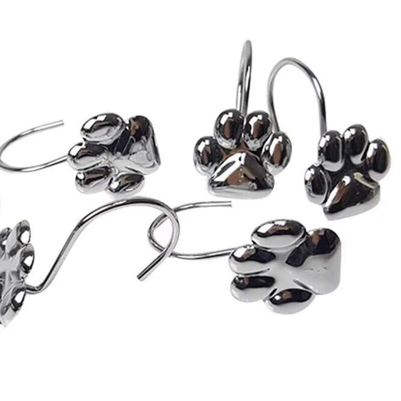Set de 12 bucăți cârlige decorative pentru perdea de duș cu amprenta de pisică, inele rezistente la rugină, umerase, acasă, baie, crom lustruit decorativ pentru ro