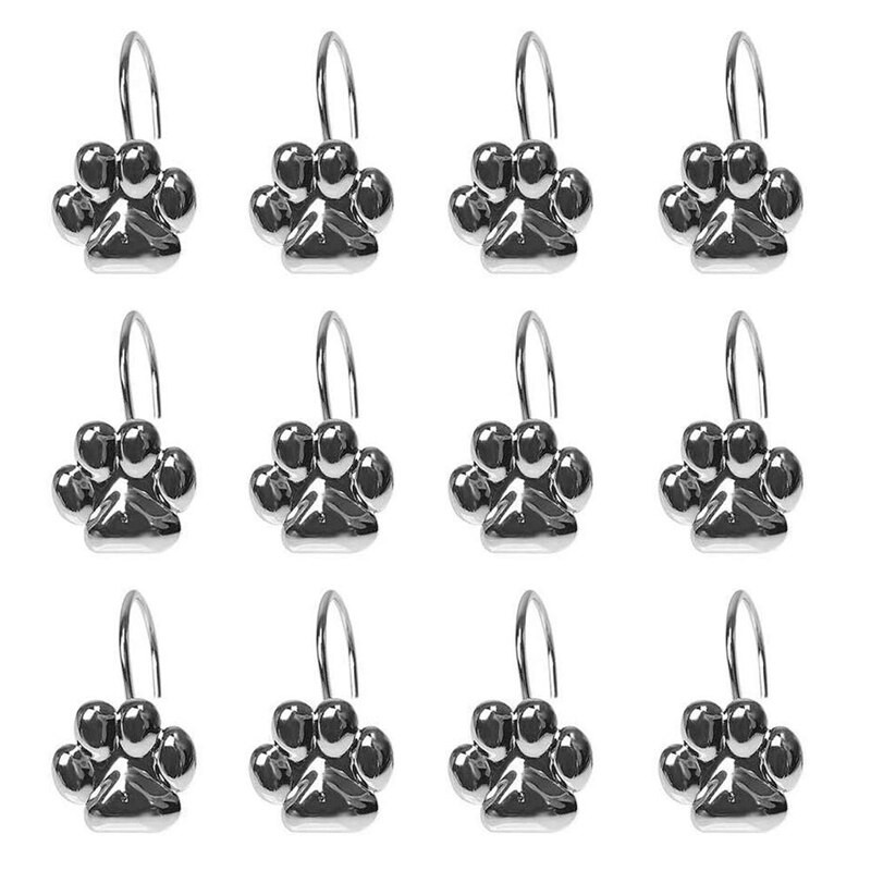 Set de 12 bucăți cârlige decorative pentru perdea de duș cu amprenta de pisică, inele rezistente la rugină, umerase, acasă, baie, crom lustruit decorativ pentru ro