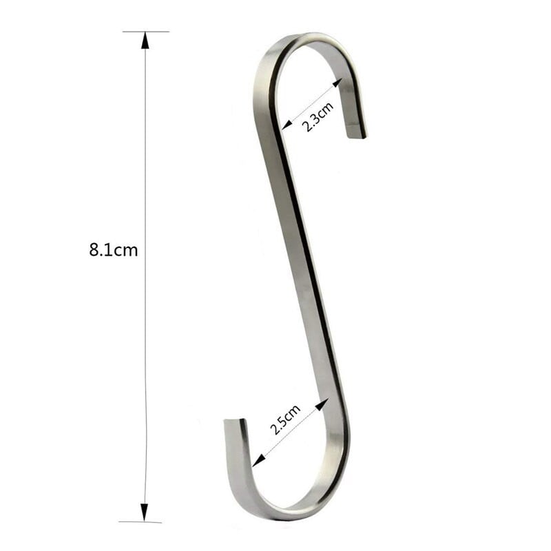 12 db S rozsdamentes acél felfüggesztő kampók konyhai edényekhez vagy hentes húshoz - 10 db 8,1 x 5 cm és 2 db 7,3 cm x 5 cm