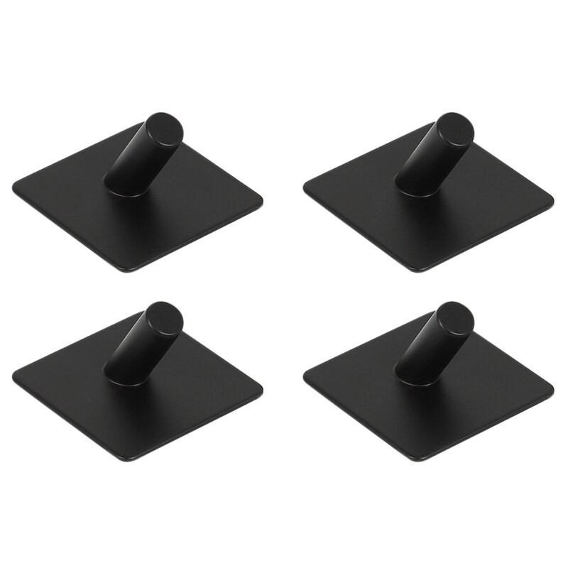 Закачалка за палта от неръждаема стомана 304 Черна кука за хавлиени кърпи Релса, самозалепващи се куки квадратни за кухня, баня, тоалетни шкафове, 4 P