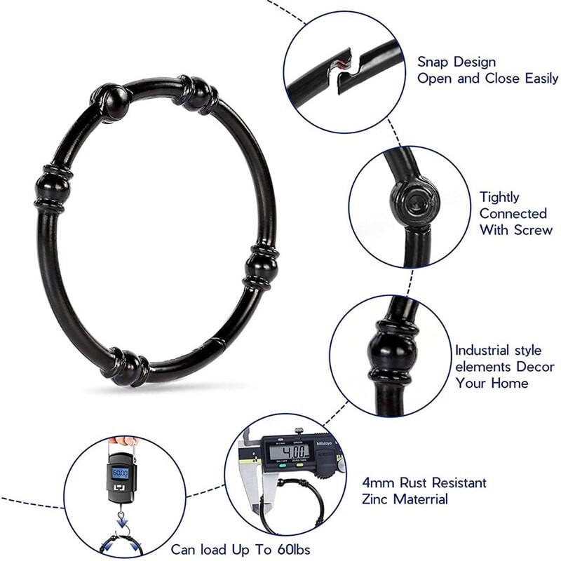 Vonios rūdims atsparūs dušo užuolaidų kabliukai 12 apvalių pramoninių dekoratyvinių dušo užuolaidų žiedų juodi