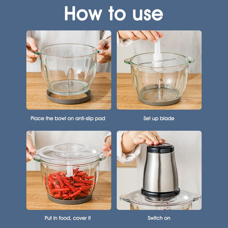 Mėsmalė Virtuvės kombainas 2 greičiai 300 W elektrinis smulkintuvas 2 l talpos smulkintuvas mėsai daržovėms vaisiams riešutams smulkintuvas pjaustyklė