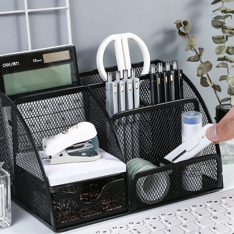Метална мрежеста кутия за органайзер за бюро Настолен офис органайзер Поставка за съхранение Настолен молив Писалка Разни Кутия за значки Канцеларски материали