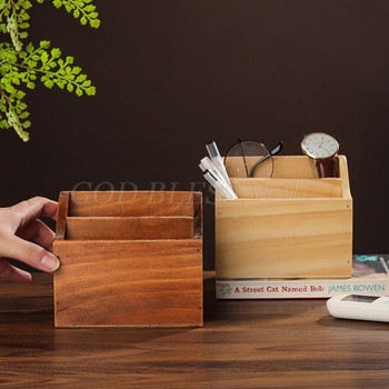 Desktop Organizer Ρετρό ξύλινο κουτί αποθήκευσης Τηλεχειριστήριο θήκη για στυλό τηλεφώνου 2 Grid Jewelry Container Drop Shipping