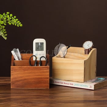 Desktop Organizer Ρετρό ξύλινο κουτί αποθήκευσης Τηλεχειριστήριο θήκη για στυλό τηλεφώνου 2 Grid Jewelry Container Drop Shipping