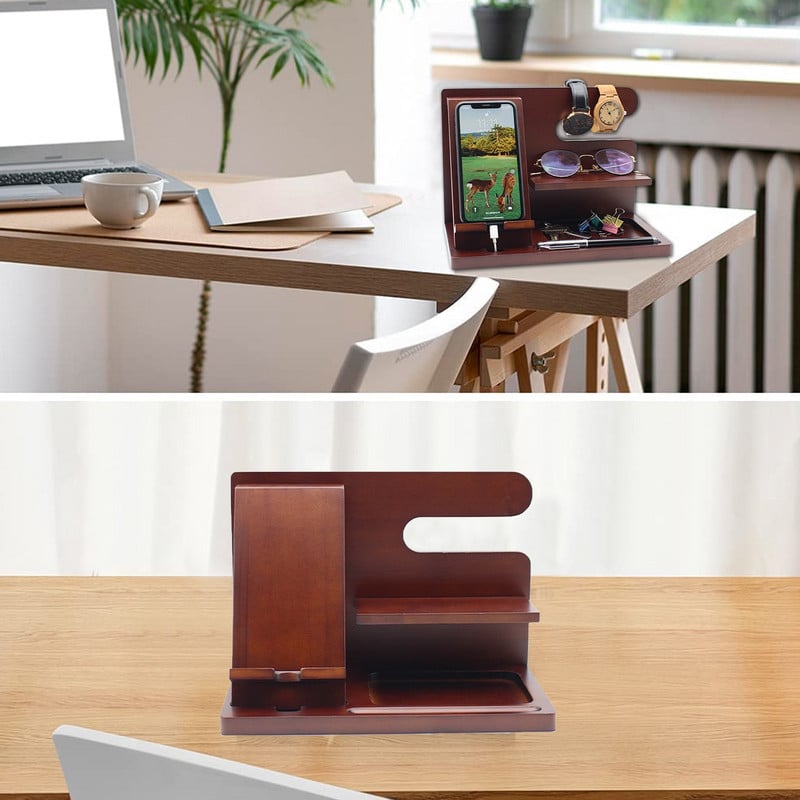 Stație de andocare pentru telefon din lemn Suport pentru telefon mobil de birou Suport tabletă Suport de încărcare din lemn de bambus pentru telefon