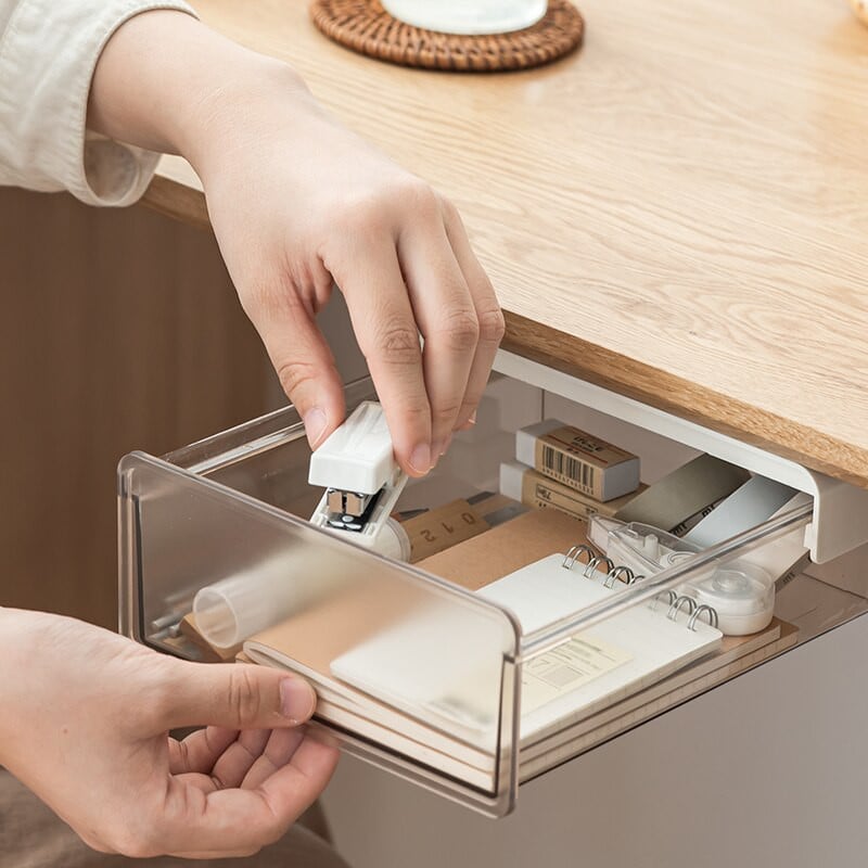 2 stiliaus kosmetikos papuošalų dėžutė po rašomuoju stalu. Maža nematoma stalčiaus dėžutė, skirta raštinės reikmenims