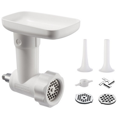 A KitchenAid állványos keverőgépekhez való ételdaráló-tartozékok közé tartozik egy kolbásszal töltött gumódaráló tányér Két színben választható