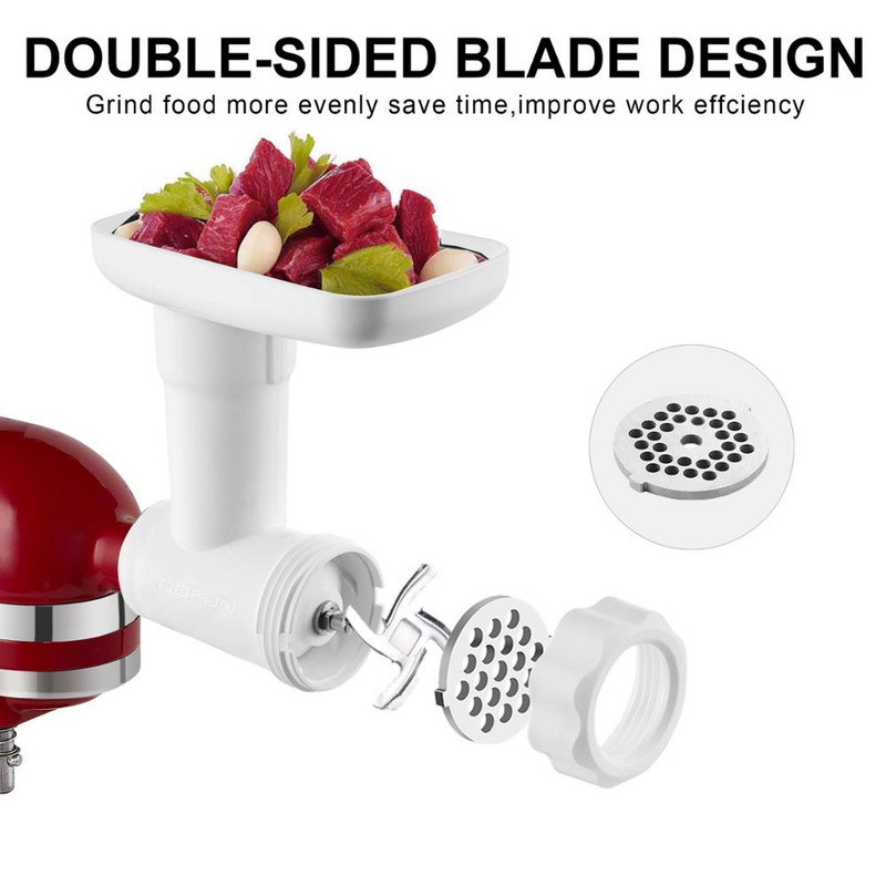 Élelmiszerdaráló tartozék a KitchenAid állványos keverőkhöz Tartalmazza a kolbásztöltőt, gumókat, darálólapokat, húsdaráló rögzítőket