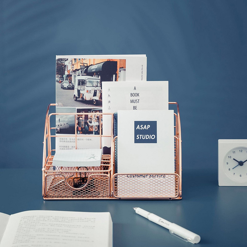 Cutie de depozitare pentru birou. Accesorii pentru articole de birou din metal din plasă de aur roz cu sertar pentru organizator de machiaj pentru biroul de acasă