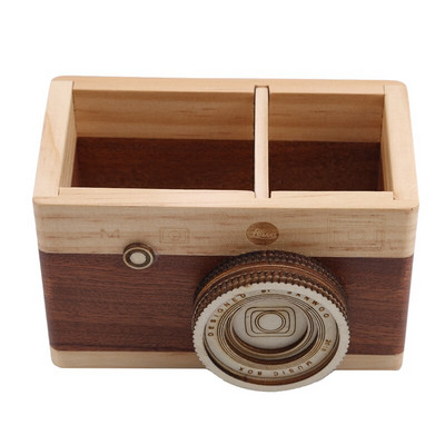 Kreatív retro fényképezőgép formájú tolltartó Eredeti fából készült írószer, kétrétegű nagy tolltartó díszek