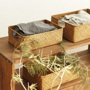 Ръчно плетена кошница за съхранение Кутия за съхранение на дрехи Правоъгълна ратанова плетена кошница за съхранение Контейнер Органайзер за плодове и козметика