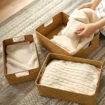 Ръчно плетена кошница за съхранение Кутия за съхранение на дрехи Правоъгълна ратанова плетена кошница за съхранение Контейнер Органайзер за плодове и козметика