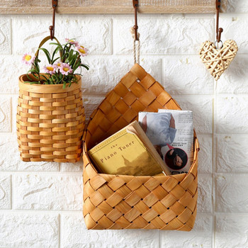 Висяща дървена кошница Ръчно изработени плетени кошници за съхранение за Кухня Градина Стена Саксия Плодове Зеленчуци Органайзер Декор