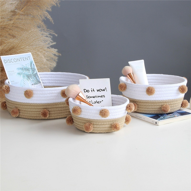 Coșuri de depozitare țesute frânghie din bumbac nordic INS Coș de rufe haine murdare cu pompon Articole diverse Coș organizator pentru articole diverse