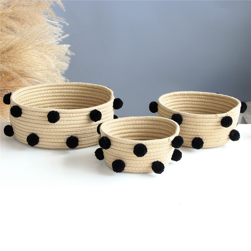 Coșuri de depozitare țesute frânghie din bumbac nordic INS Coș de rufe haine murdare cu pompon Articole diverse Coș organizator pentru articole diverse