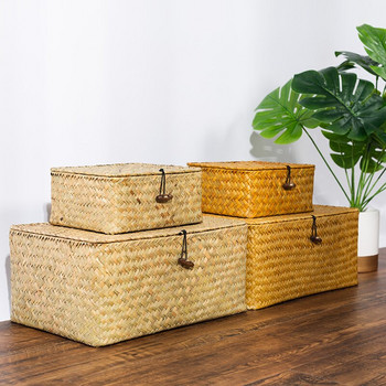 Плетени ратанови кутии за съхранение с капаци Ръчно изработена плетена кошница за съхранение Разни дрехи Контейнер за козметика Кошница за домашен органайзер