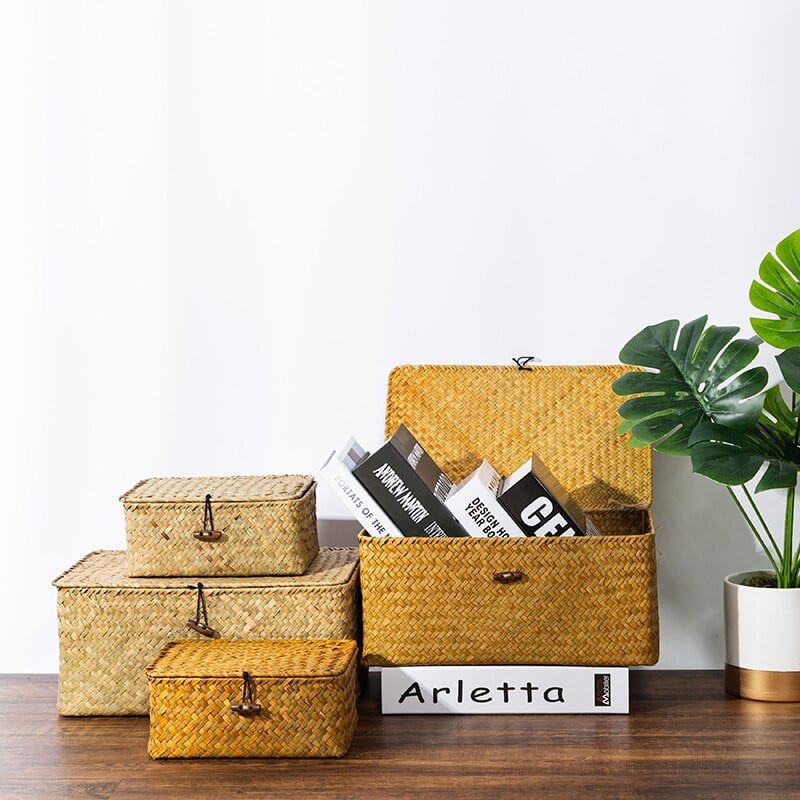 Pletene kutije za pohranu od ratana s poklopcima Ručno izrađena pletena košara za pohranu sitnica Odjeća Kozmetički spremnik Košara za kućni organizator