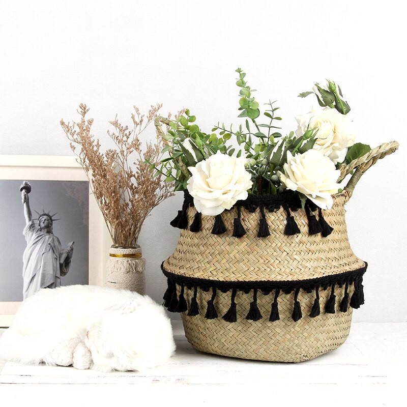 Boho Decor fonott kosarak tároló kézi szőtt rattan kosár összecsukható edény fogantyúval Plant Cestos Mimbre Panier Rangement Osier
