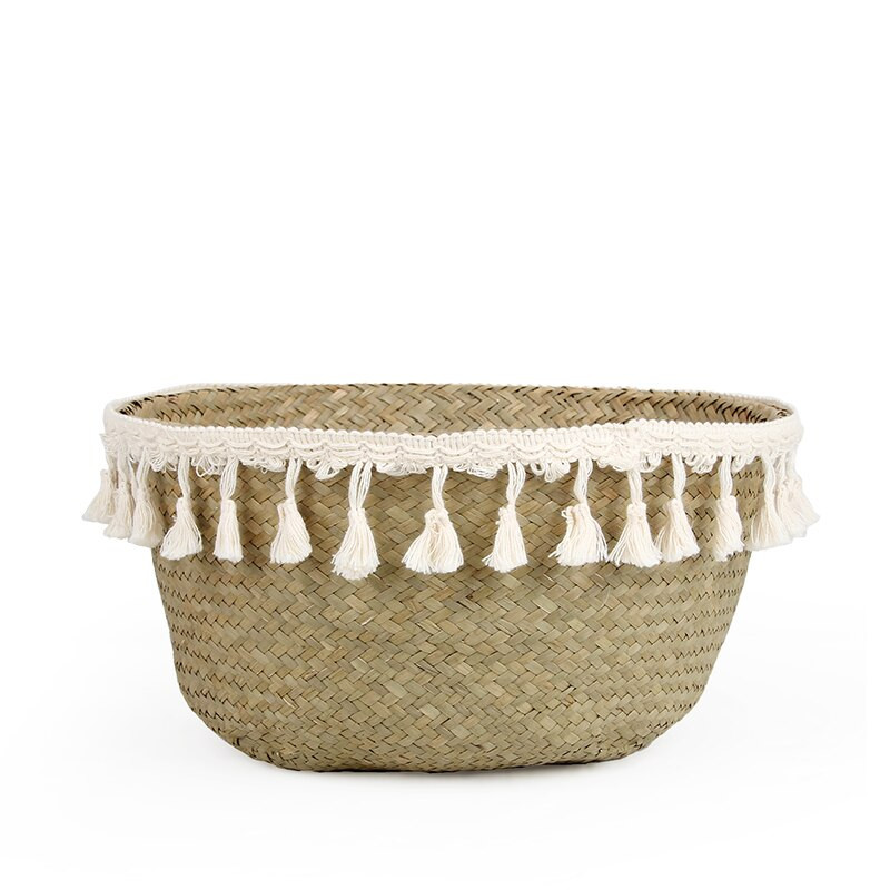 Boho Decor fonott kosarak tároló kézi szőtt rattan kosár összecsukható edény fogantyúval Plant Cestos Mimbre Panier Rangement Osier