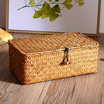 Голяма плетена кутия Правоъгълна кошница за съхранение от морска трева с капак Ратанова кошница Органайзер за съхранение на рафтове за шкаф Организация на дома