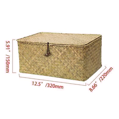 Nagy fonott doboz, téglalap alakú tengerifű tárolókosár fedéllel Rattan kosár tárolórendszer a szekrényes polc otthoni rendszerezéséhez