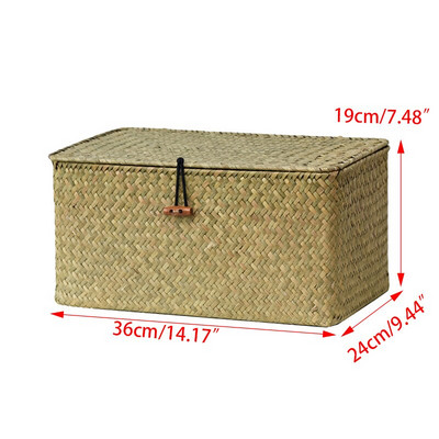 Nagy fonott doboz, téglalap alakú tengerifű tárolókosár fedéllel Rattan kosár tárolórendszer a szekrényes polc otthoni rendszerezéséhez