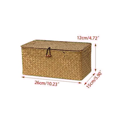 Nagy fonott doboz, téglalap alakú tengerifű tárolókosár fedéllel Rattan kosár tárolórendszer a szekrényes polc otthoni rendszerezéséhez