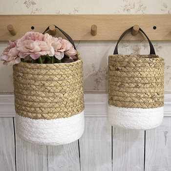 Висящи плетени кошници от ратан Монтирана на стена кошница от сламена трева за саксии Стелаж за съхранение Декорация на домашна градина