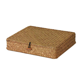 WHISM Ратанови плетени кутии за съхранение Ръчно изработен контейнер за съхранение Кутия за съхранение на бижута Органайзер за козметика с капак Тъкан калъф от морска трева